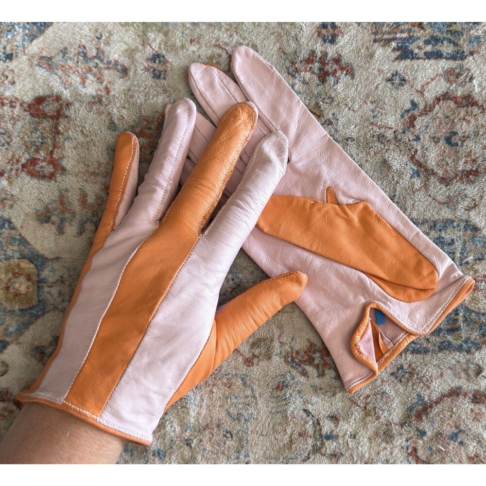 Vintage 1960s Mod Pink Orange Stripe Two Tone Leather Gloves Color Block  Sony